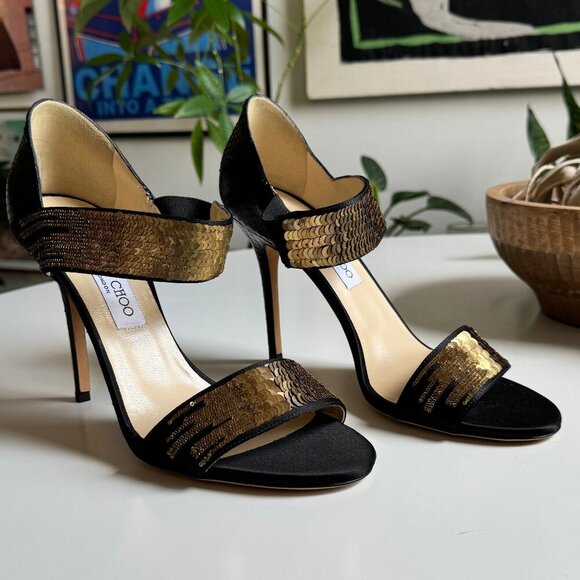 Jimmy Choo Black Satin Tallow Gold Sequin Open Toe Heel Sandals 41 - Picture 2 of 7